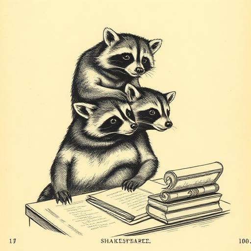 Engraving of three raccoons stacked in a doublet at a writing desk