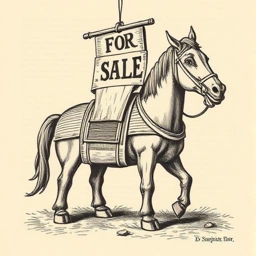 Engraving of a wooden Trojan horse with a For Sale sign